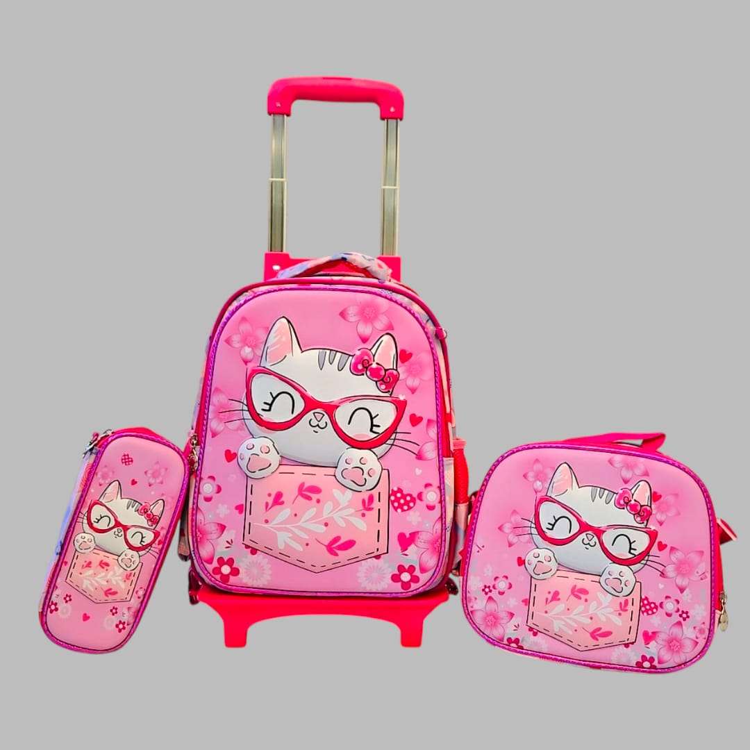 3D Cat Design Trolley School Bag Set for Kids – 15” Inch