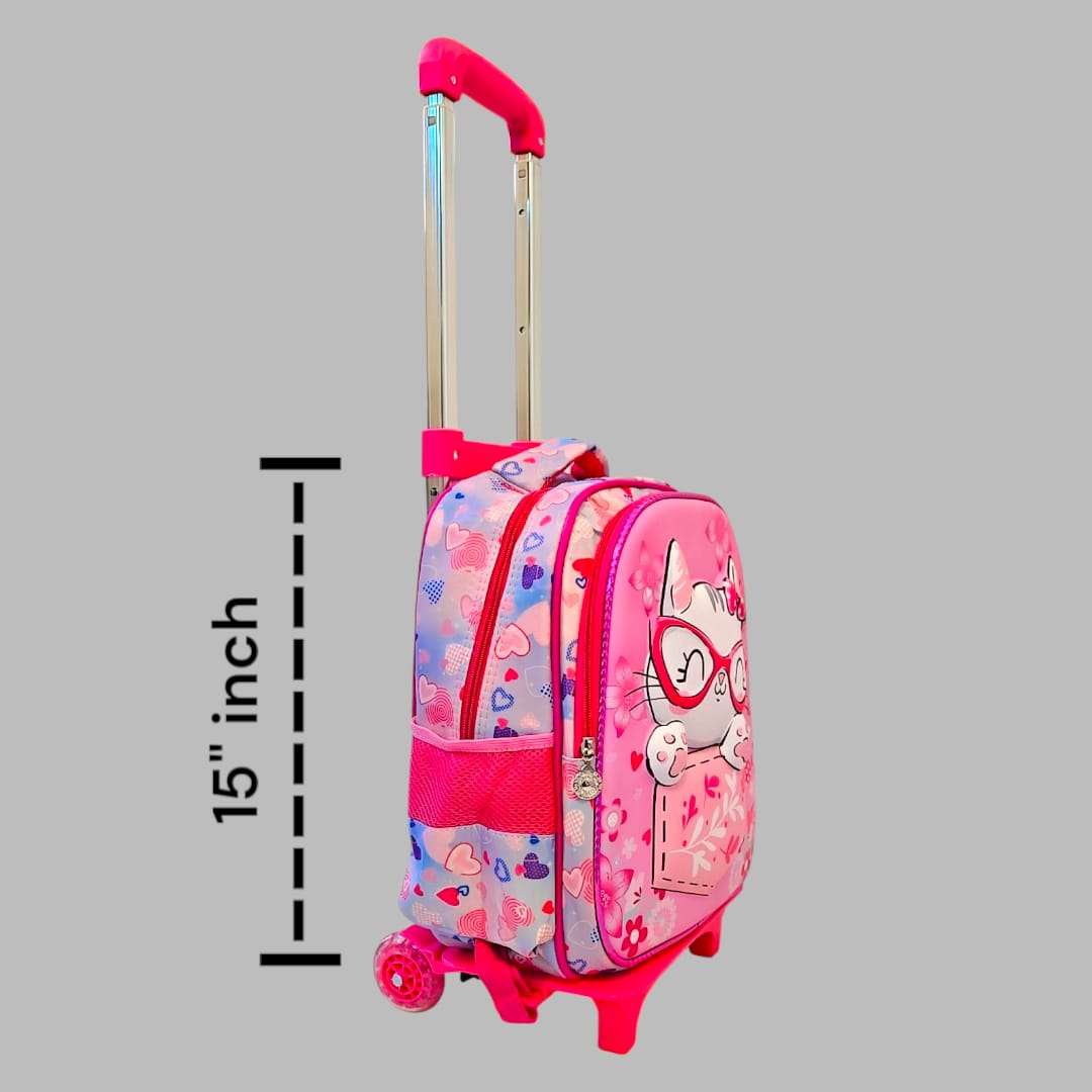 3D Cat Design Trolley School Bag Set for Kids – 15” Inch