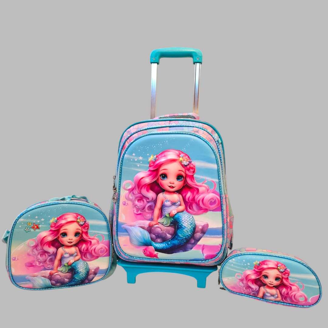 Mermaid Theme 3 Piece School Trolley Bag For Grade 1& 2