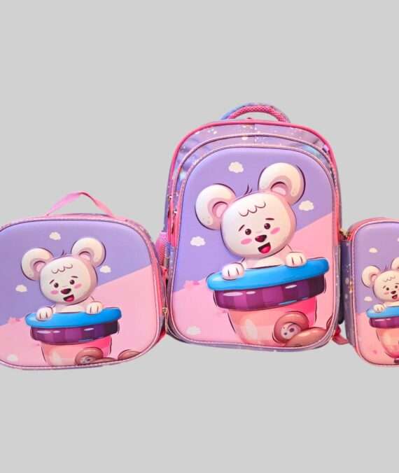 Cartoon Bear School Bag Set for Grade 1 Kids – 3pcs Backpack, Lunch Bag & Pencil Case